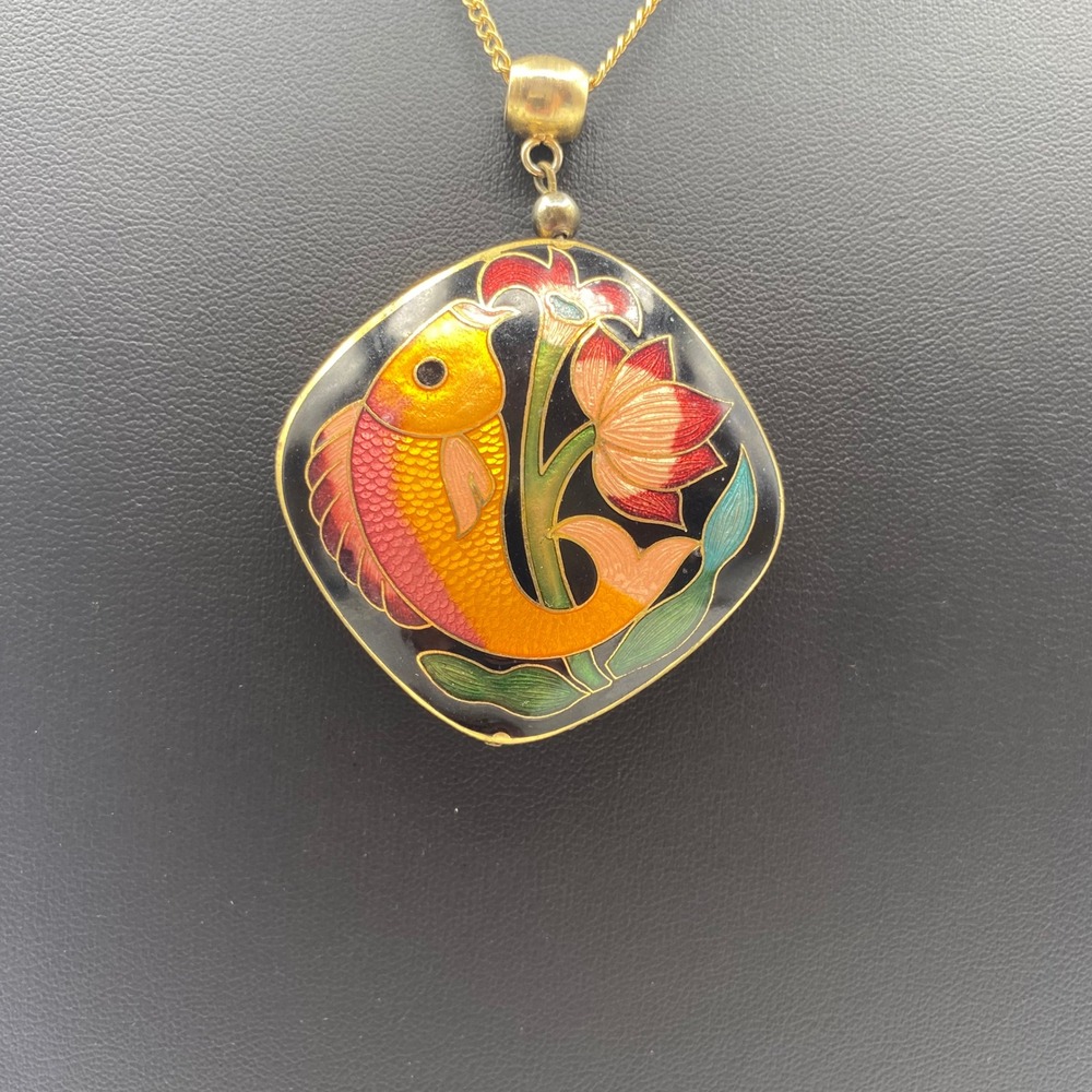 Necklace Gold Koi Fish Cloisonne Lotus Flower Enamel Pendant